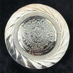 Sterling Silver Round Aztec Mayan Calendar Pin Brooch Pendant Signed Mexico 925